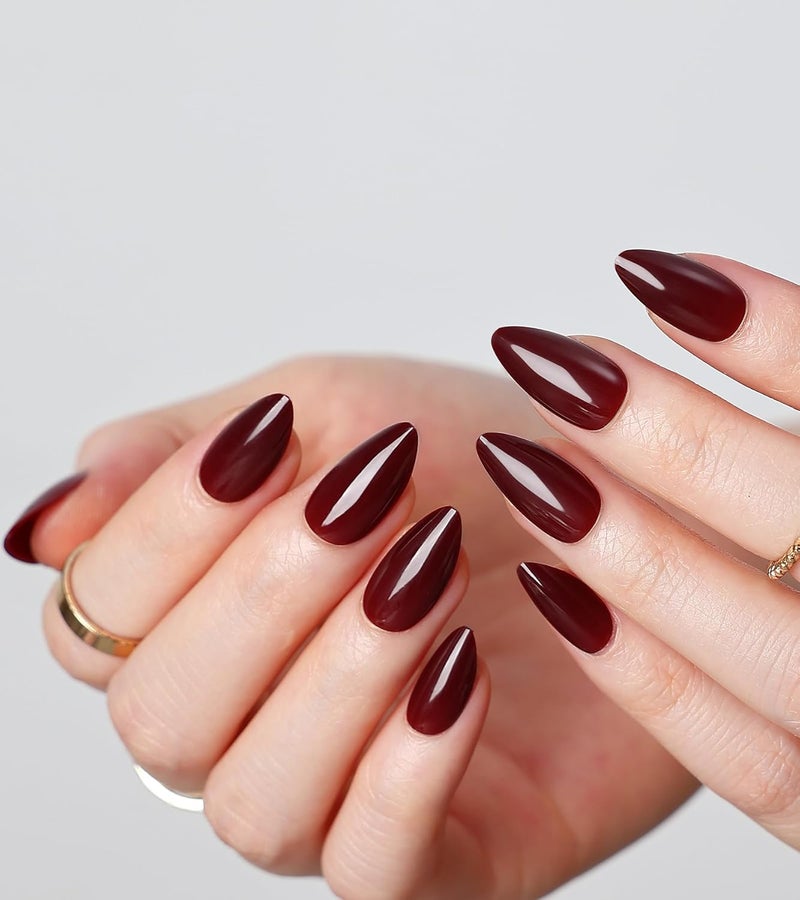 morily Short Press on Nails Almond, 30Pcs Burgundy Fake Nails in 15 Sizes Glossy Wine Red False Nails Reusable Acrylic Stick on Nails for Women - Image 2
